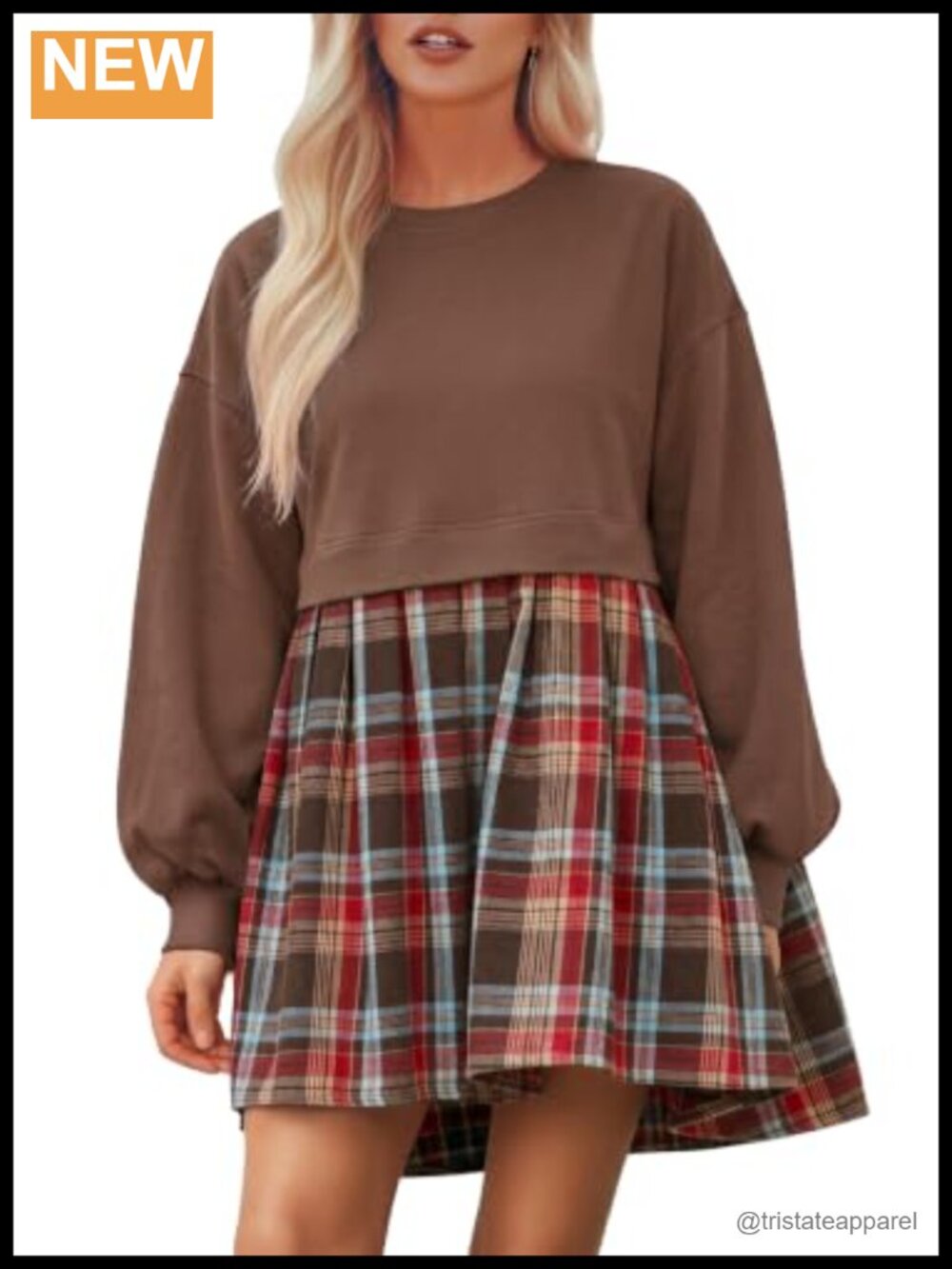 Womens Plaid Patchwork Babydoll Mini Dress Long Sleeve Fall Casual